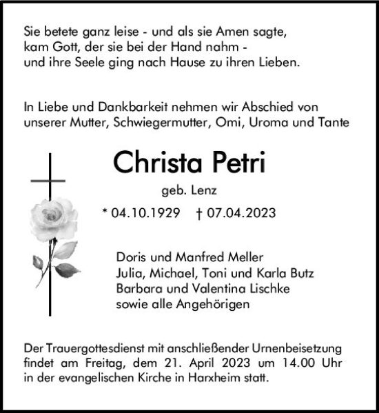 Traueranzeige von Christa Petri von Allgemeine Zeitung Mainz