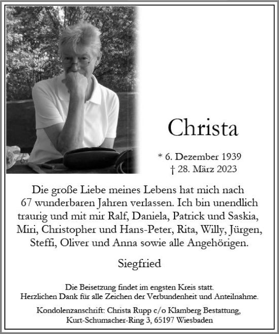Traueranzeige von Christa Rupp von Wiesbadener Kurier
