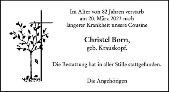 Traueranzeige von Christel Born von Dill Block