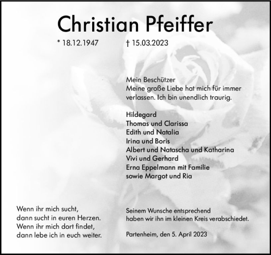 Traueranzeige von Christian Pfeiffer von Allgemeine Zeitung Alzey