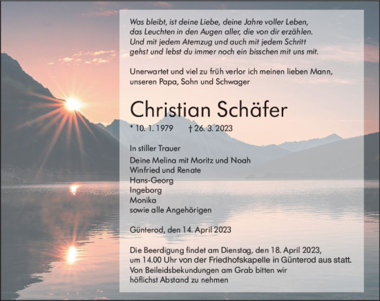 Traueranzeige von Christian Schäfer von Hinterländer Anzeiger