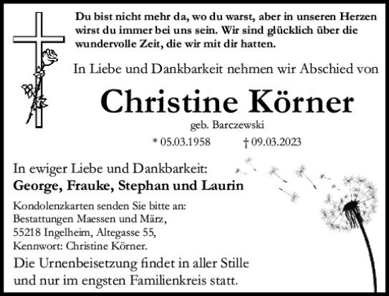 Traueranzeige von Christine Körner von Allgemeine Zeitung Bingen/Ingelheim