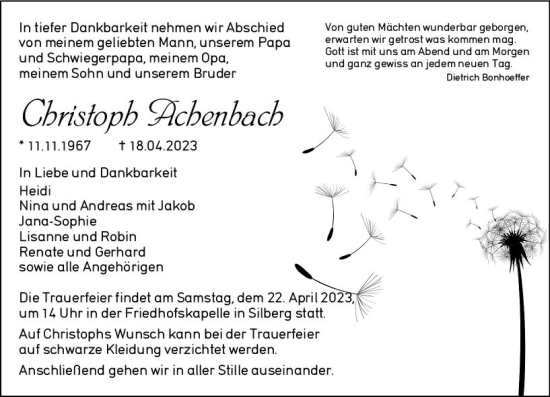 Traueranzeige von Christoph Achenbach von Hinterländer Anzeiger