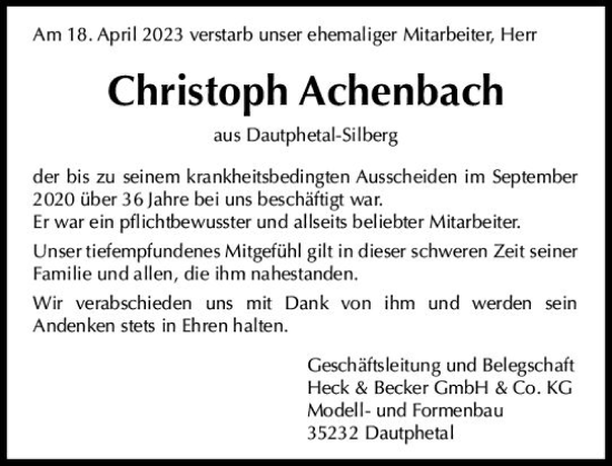 Traueranzeige von Christoph Achenbach von Hinterländer Anzeiger