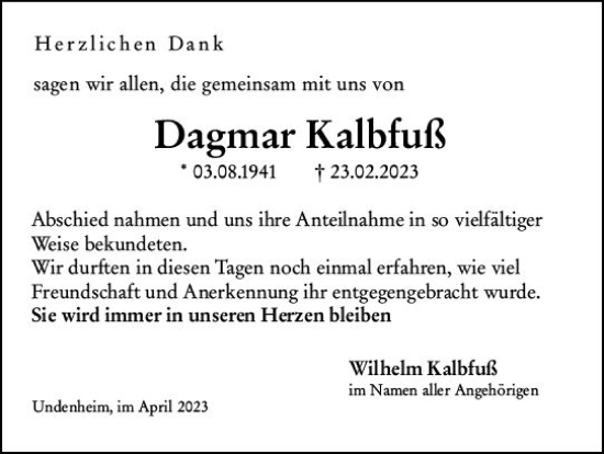 Traueranzeige von Dagmar Kalbfuß von Wormser Zeitung