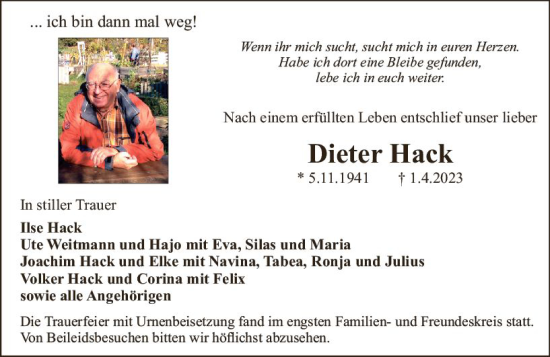 Traueranzeige von Dieter Hack von Rüsselsheimer Echo