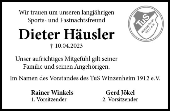 Traueranzeige von Dieter Häusler von Allgemeine Zeitung Bad Kreuznach