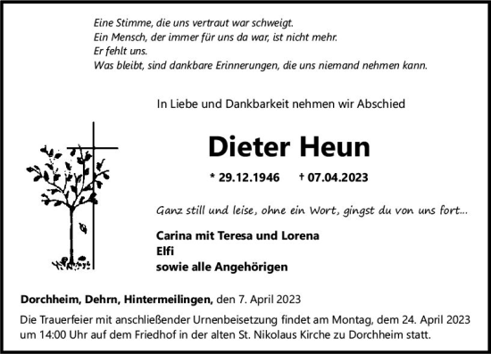 Traueranzeige von Dieter Heun von Nassauische Neue Presse