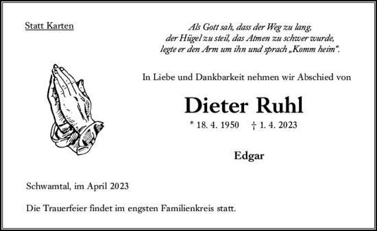 Traueranzeige von Dieter Ruhl von VRM Trauer