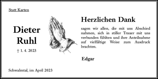 Traueranzeige von Dieter Ruhl von Oberhessen Kurier