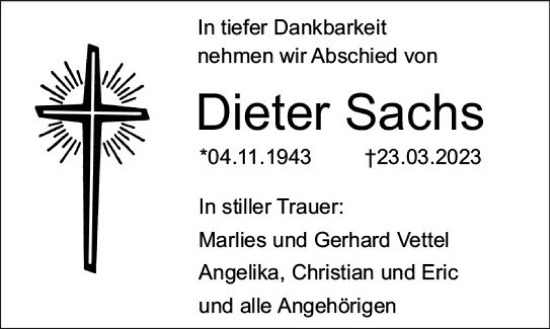 Traueranzeige von Dieter Sachs von Starkenburger Echo