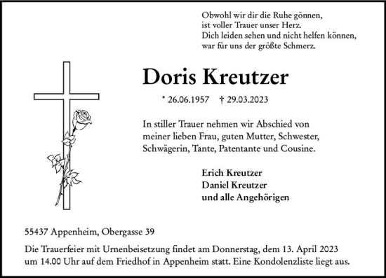 Traueranzeige von Doris Kreutzer von Allgemeine Zeitung Bingen/Ingelheim