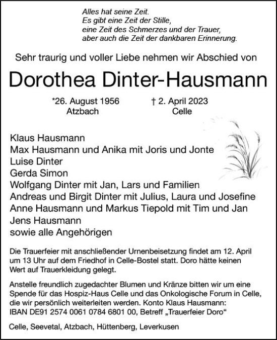 Traueranzeige von Dorothea Dinter-Hausmann von Wetzlarer Neue Zeitung