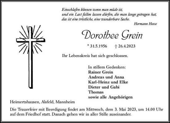Traueranzeige von Dorothee Grein von VRM Trauer