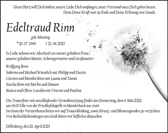 Traueranzeige von Edeltraud Rinn von Dill Block