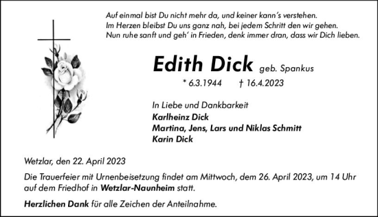 Traueranzeige von Edith Dick von Wetzlarer Neue Zeitung