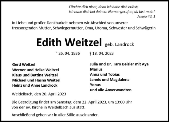 Traueranzeige von Edith Weitzel von Dill Block