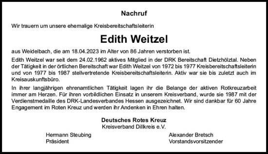 Traueranzeige von Edith Weitzel von Dill Block