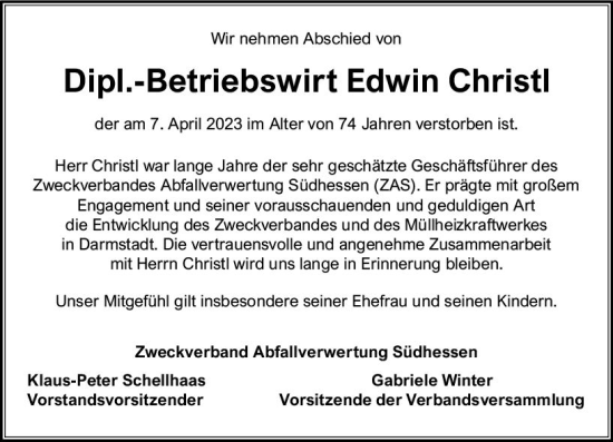 Traueranzeige von Edwin Christl von Odenwälder Echo