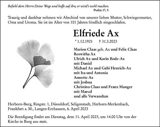 Traueranzeige von Elfriede Ax von Dill Block
