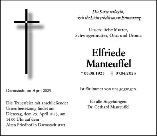 Traueranzeige von Elfriede Manteuffel von Darmstädter Echo