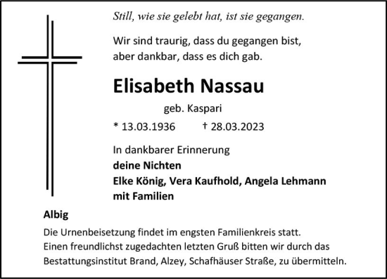 Traueranzeige von Elisabeth Nassau von Allgemeine Zeitung Alzey