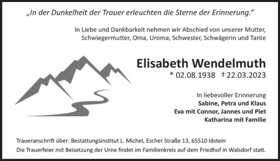 Traueranzeige von Elisabeth Wendelmuth von Camberger Anzeiger