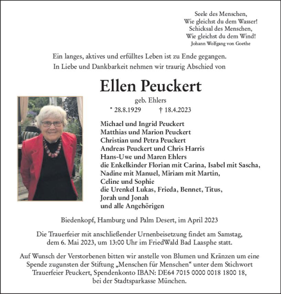 Traueranzeige von Ellen Peuckert von Hinterländer Anzeiger