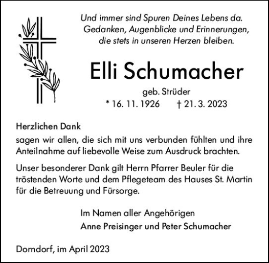 Traueranzeige von Elli Schumacher von Nassauische Neue Presse