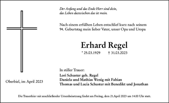 Traueranzeige von Erhard Regel von Wetzlarer Neue Zeitung