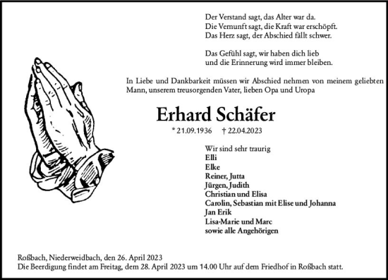 Traueranzeige von Erhard Schäfer von Wetzlarer Neue Zeitung