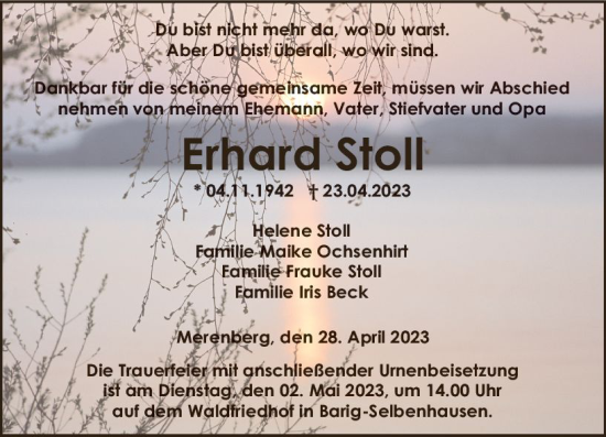 Traueranzeige von Erhard Stoll von Weilburger Tageblatt