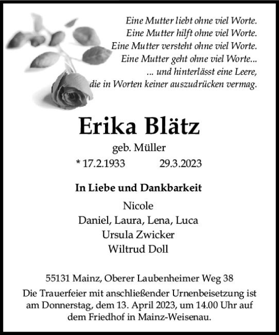 Traueranzeige von Erika Blätz von Allgemeine Zeitung Mainz