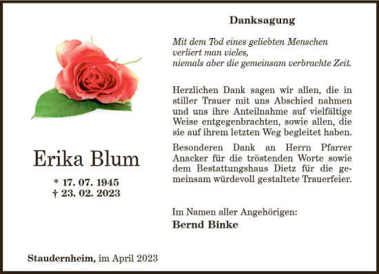Traueranzeige von Erika Blum von Allgemeine Zeitung Bad Kreuznach