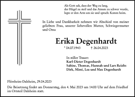 Traueranzeige von Erika Degenhardt von Allgemeine Zeitung Mainz
