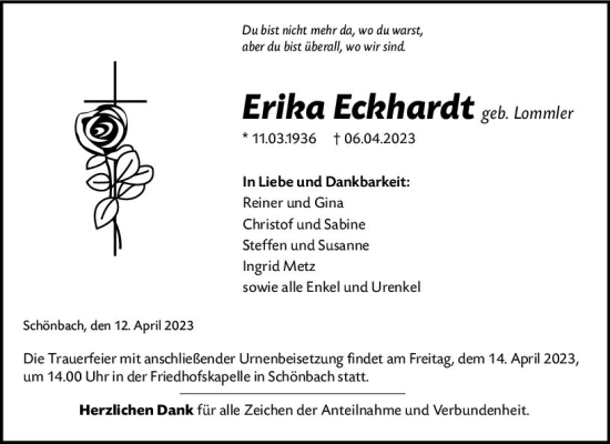 Traueranzeige von Erika Eckhardt von Dill Block