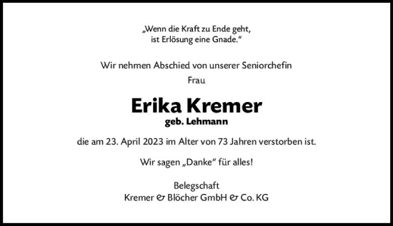 Traueranzeige von Erika Kremer von Hinterländer Anzeiger