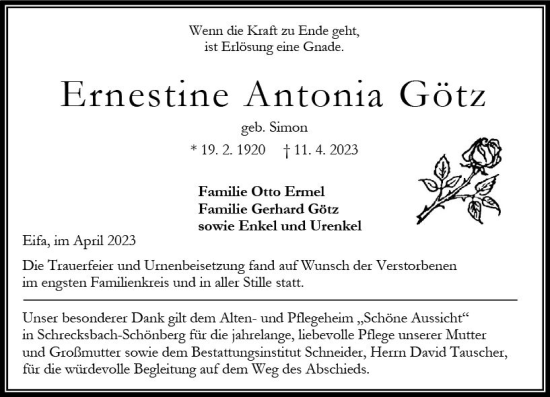 Traueranzeige von Ernestine Antonia Götz von VRM Trauer