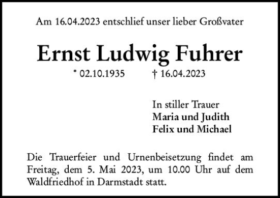 Traueranzeige von Ernst Ludwig Fuhrer von Darmstädter Echo