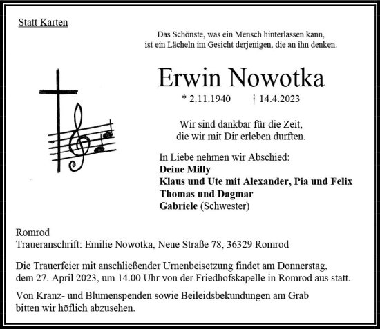 Traueranzeige von Erwin Nowotka von VRM Trauer