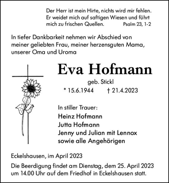 Traueranzeige von Eva Hofmann von Hinterländer Anzeiger