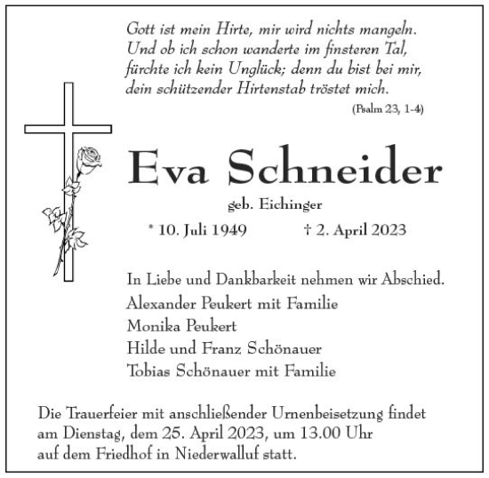 Traueranzeige von Eva Schneider von Wiesbadener Kurier