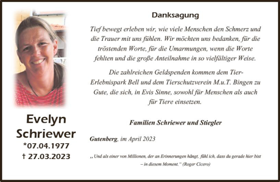 Traueranzeige von Evelyn Schriewer von Allgemeine Zeitung Bad Kreuznach