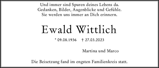 Traueranzeige von Ewald Wittlich von Wiesbadener Kurier