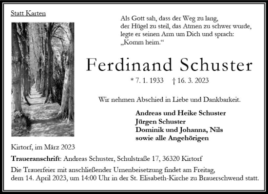 Traueranzeige von Ferdinand Schuster von Oberhessen Kurier