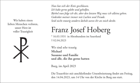 Traueranzeige von Franz Josef Hoberg von Dill Block