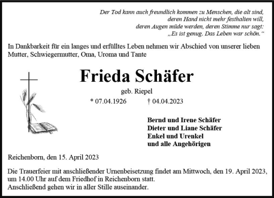 Traueranzeige von Frieda Schäfer von Weilburger Tageblatt