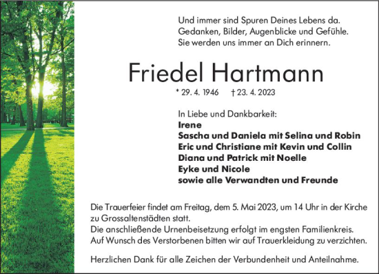 Traueranzeige von Friedel Hartmann von Wetzlarer Neue Zeitung
