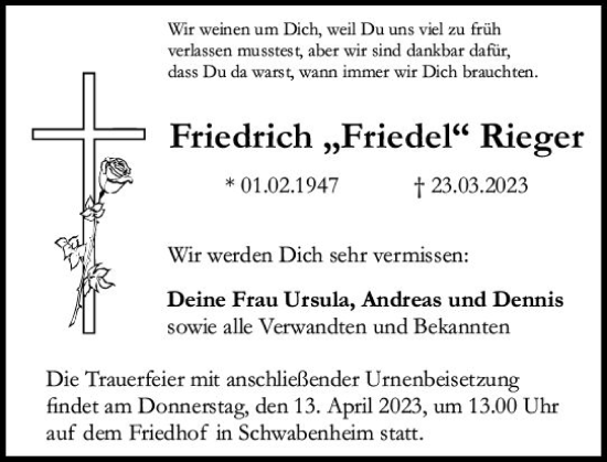 Traueranzeige von Friedrich  Rieger von Allgemeine Zeitung Bingen/Ingelheim