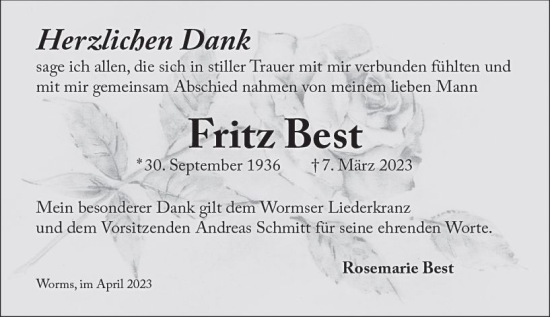 Traueranzeige von Fritz Best von Wormser Zeitung
